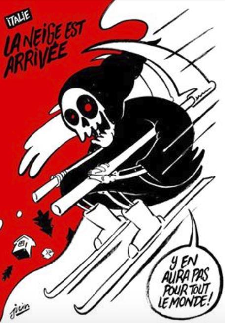 La vignetta di Charlie Hebdo dove si vede la morte in sci con due falci al posto delle racchette. 'Italia: la neve arrivata. Non ce ne sar per tutti', recita la vignetta © ANSA