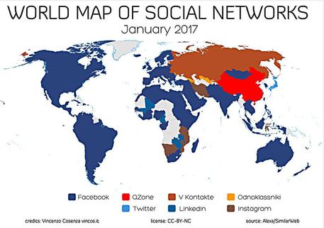 La mappa mondiale dei social network nel 2017 di Vincenzo Cosenza. © ANSA
