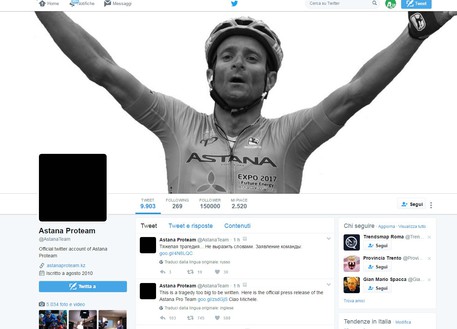 Il profilo Twitter dell'Astana Team © Ansa