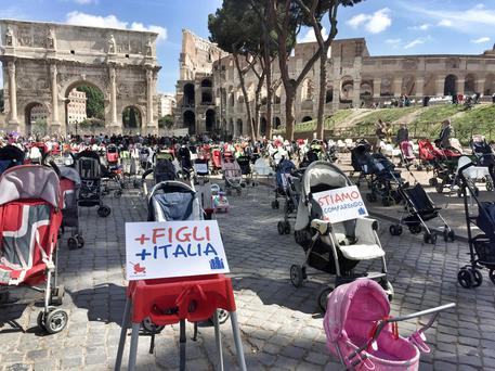 Sono migliaia le famiglie che si sono date appuntamento al Colosseo per richiamare l'attenzione sull'emergenza demografica in Italia. Foto ufficio stampa forum delle associazioni © ANSA