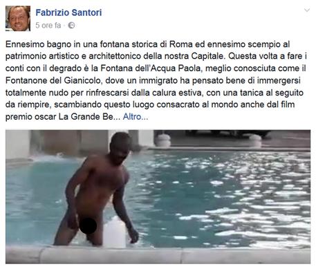 L'immagine postata da un consigliere regionale del Lazio, Fabrizio Santori, dove si vede un uomo nudo che fa il bagno nel Fontanone al Gianicolo a Roma © ANSA