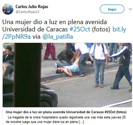 Il Tweet del giornalista oppositore Carlos Julio Rojas © ANSA