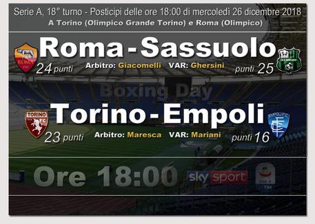 Serie A, Roma-Sassuolo e Torino-Empoli (elaborazione) © ANSA