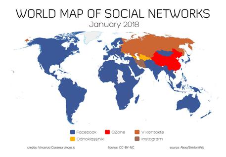 La mappa dei social network nel mondo (credi: Vincos.it) © ANSA