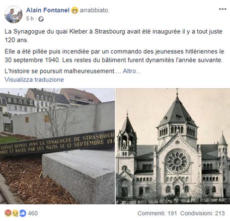 Post su Facebook di Alain Fontanel, vicesindaco di Strasburgo © ANSA