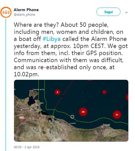 Il tweet con cui Alarm Phone dice di  non avere piu' notizie di un gommone con 50 persone a bordo, dopo averlo localizzato al largo della Libia © ANSA