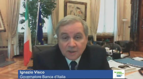 Il fermo immagine mostra il governatore della Banca d'Italia, Ignazio Visco, durante il suo  intervento in occasione della Giornata Mondiale del Risparmio, © ANSA
