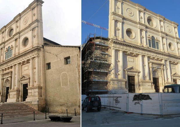 A sinistra la facciata della chiesa di San Bernardino, nel centro storico dell'Aquila, il cui campanile e' crollato dopo il sisma del 6 aprile 2009, e a destra lo stesso edificio in un'immagine del primo aprile 2014 (foto: ANSA)
