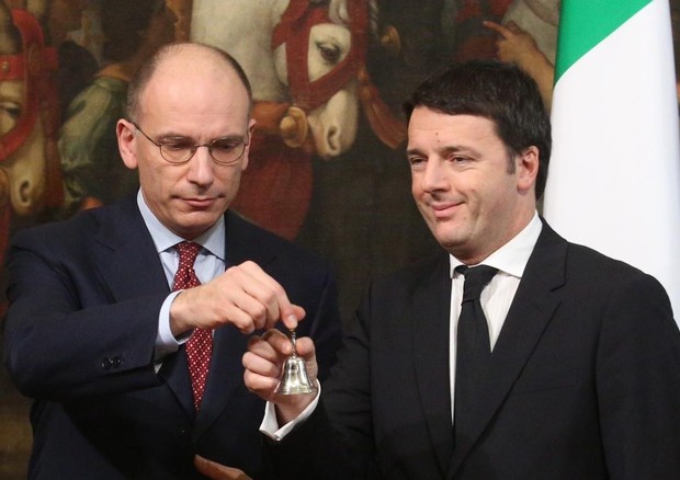 Enrico Letta e Matteo Renzi durante il tradizionale scambio della campanella utilizzata dal premier per dare inizio alle riunioni del Cdm a Palazzo Chigi © ANSA