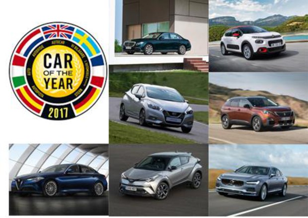 Le sette finaliste del premio Car of The Year 2017 che sarà assegnato al Salone di Ginevra 2017. © elaborazione DBC su foto Alfa Romeo, Citroen, Mercedes, Nissan, Peugeot, Toyota e Volvo