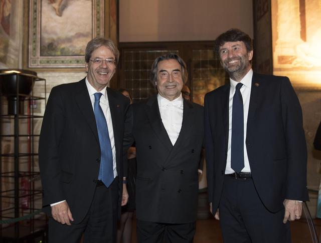 G7 Cultura: Dario Franceschini, Paolo Gentiloni e Riccardo Muti nel 'Salone dei '500' a Palazzo Vecchio
