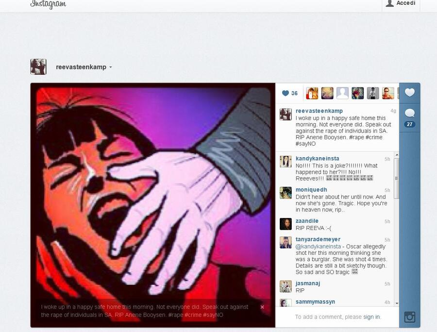 L'ultima foto postata su Instagram da Reeva: e' contro la violenza sulle donne © Ansa