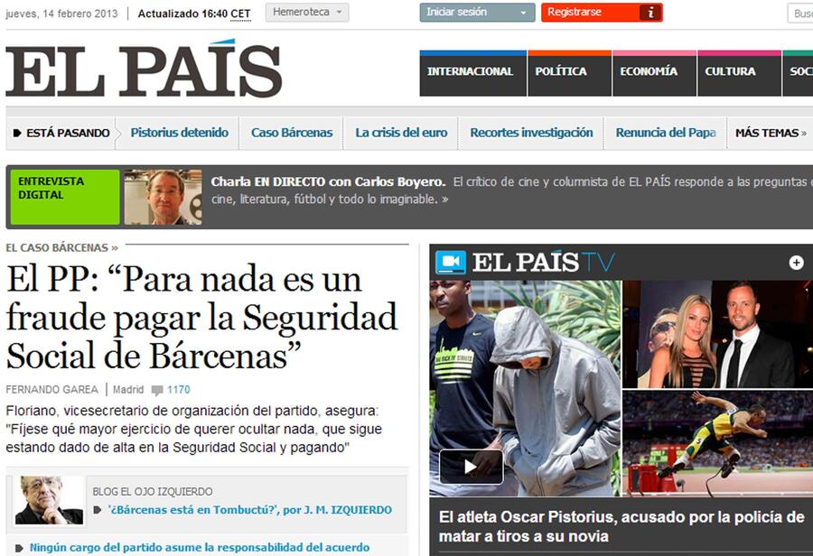 La notizia di Pistorius su 'El Pais' © Ansa