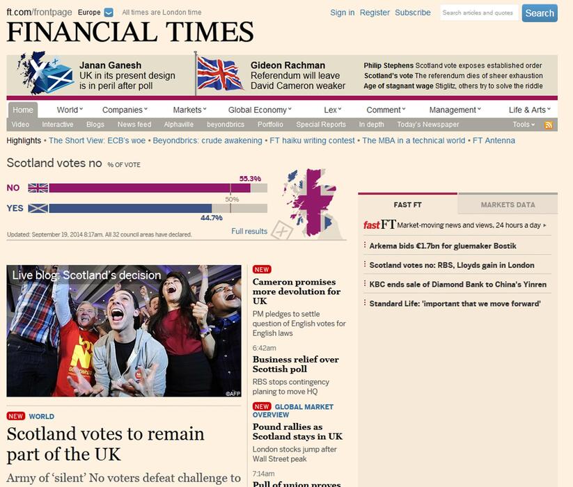 La prima pagina del giornale Finacial Time sull'esito del referendum in Scozia, 19 settembre 2014. ANSA © 