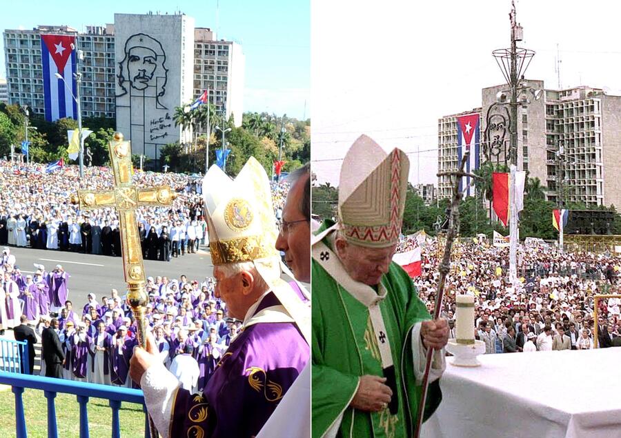 Papa Ratzinger nel 2012 e Papa  Wojtyla nel 1998 all'Avana © Ansa