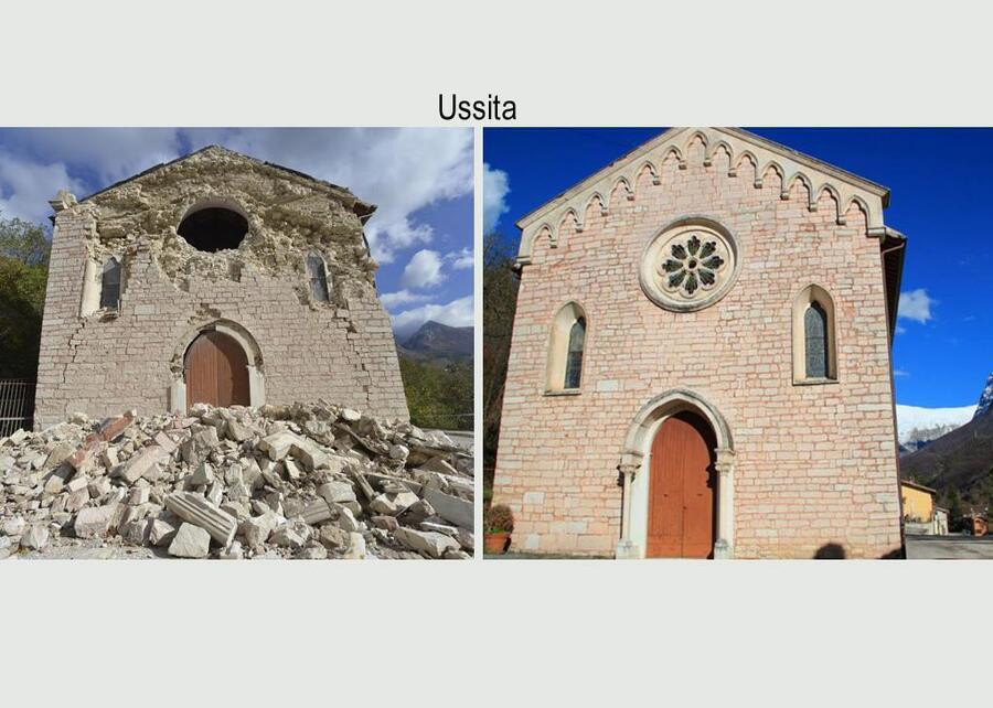 I danni subiti dalla chiesa di Ussita in una foto comparativa © Ansa