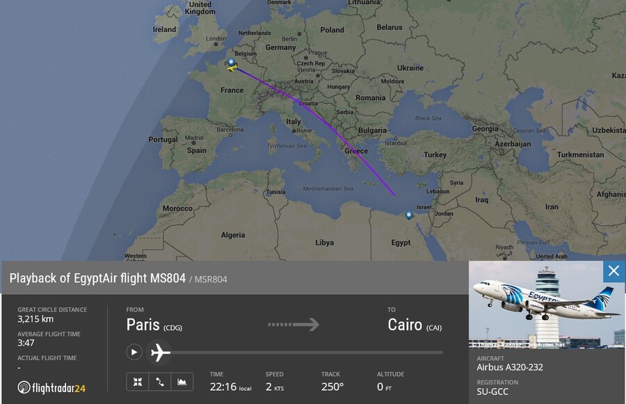 Il volo Parigi-Il Cairo secondo flightradar24 © 