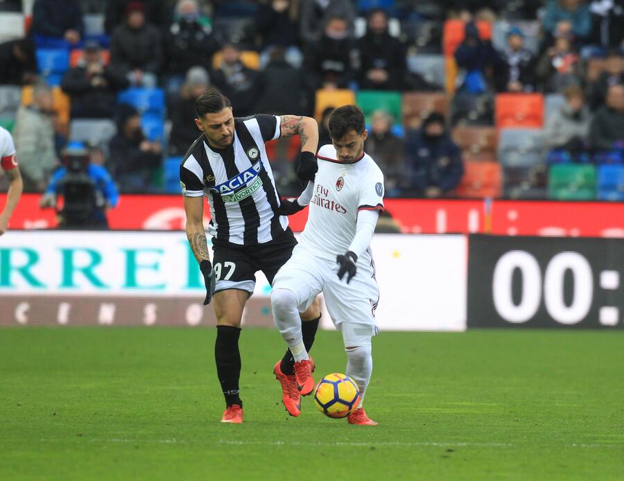 Italy serie A soccer match  Udinese vs Milan - Udinese's Giuseppe Pezzella  (L) and  Milans Suso(R) in action during the Italian Serie A soccer match Udinese vs Milan at Friuli Stadium in Udine, Italy, 4 february 2018. © ANSA