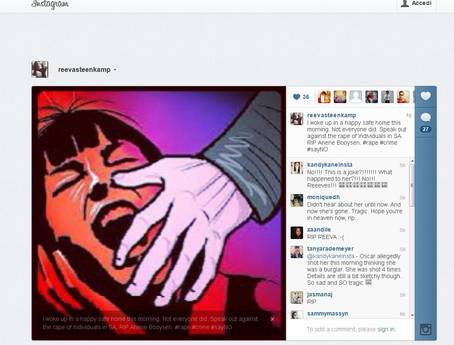 L'ultima foto postata su Instagram da Reeva: e' contro la violenza sulle donne