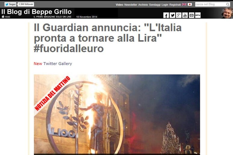 Una immagine del blog di Grillo. ANSA/ BLOG DI BEPPE GRILLO - RIPRODUZIONE RISERVATA
