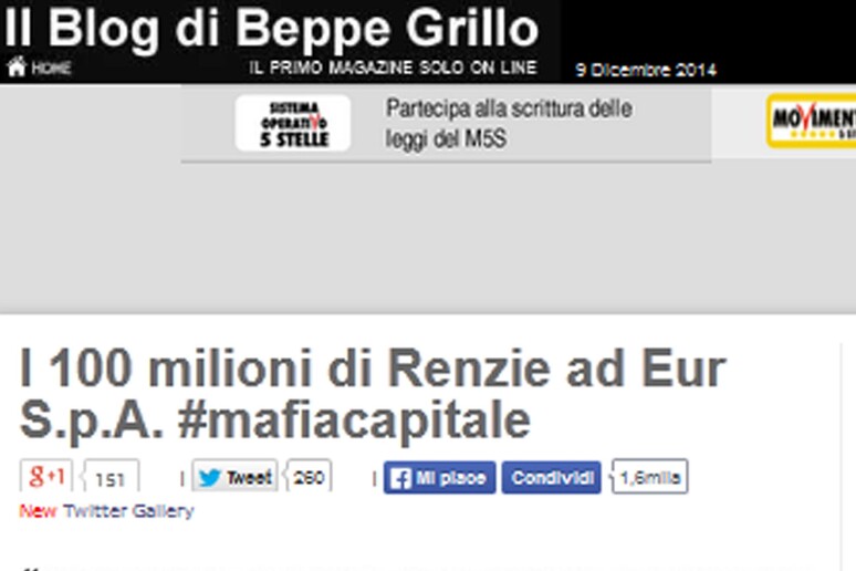 Mafia Roma: Blog Grillo, da Renzi 100 milioni a Eur spa - RIPRODUZIONE RISERVATA