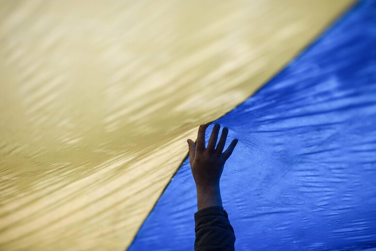 Sventola la bandiera dell 'Ucraina durante una manifestazione a Donetsk © ANSA/EPA