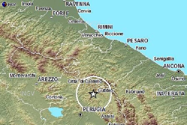 Nella cartina dell 'Ingv l 'epicentro della scossa di terremoto avvertita in provincia di Perugia ieri sera - RIPRODUZIONE RISERVATA