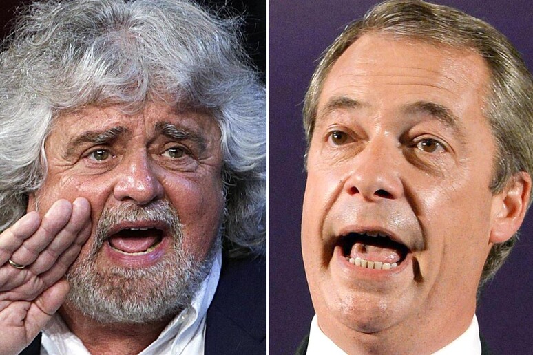 Nella combo, Beppe Grillo durante l 'apparizione a  'Porta a Porta ' il 19 maggio 2014, e il leader  dell 'Ukip Nigel Farage - RIPRODUZIONE RISERVATA