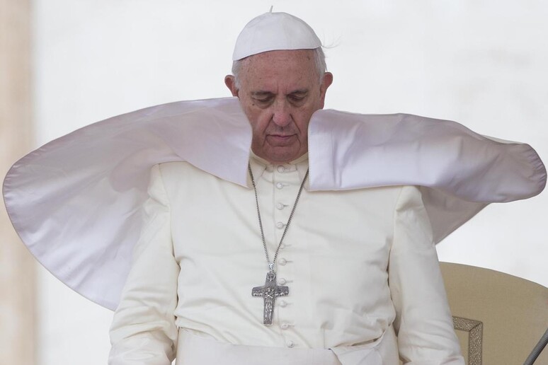 Un soffio di vento solleva la pellegrina di Papa Francesco - RIPRODUZIONE RISERVATA