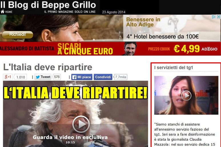 Il post di Rocco Casalino, responsabile della comunicazione del M5S al Senato, pubblicato sul blog di Beppe Grillo con il titolo  'I servizietti del Tg1 ', che si apre con una foto della giornalista. - RIPRODUZIONE RISERVATA