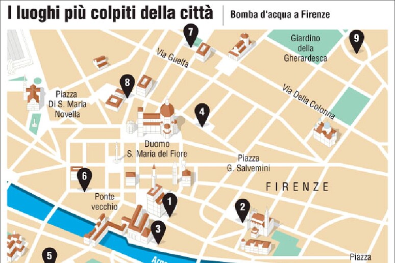 Il grafico dei luoghi del maltempo a Firenze - RIPRODUZIONE RISERVATA