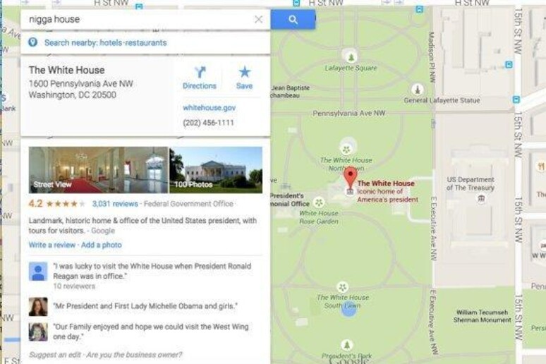 Google Maps si scusa per ricerche  'razziste ' su Casa Bianca - RIPRODUZIONE RISERVATA