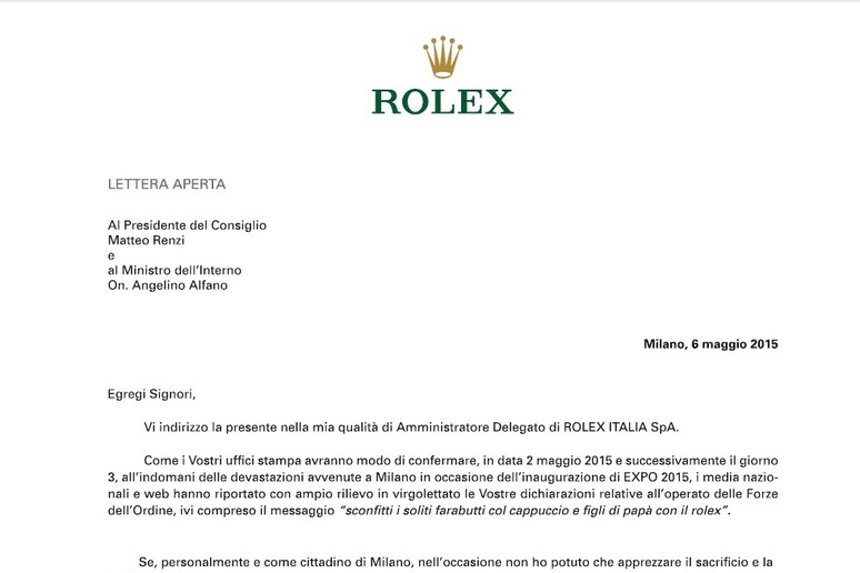 La lettera della Rolex - RIPRODUZIONE RISERVATA