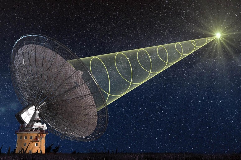 Rappresentazione  artistica del radiotelescopio Parkes che riceve il segnale del lampo radio (fonte: Swinburne Astronomy Productions) - RIPRODUZIONE RISERVATA