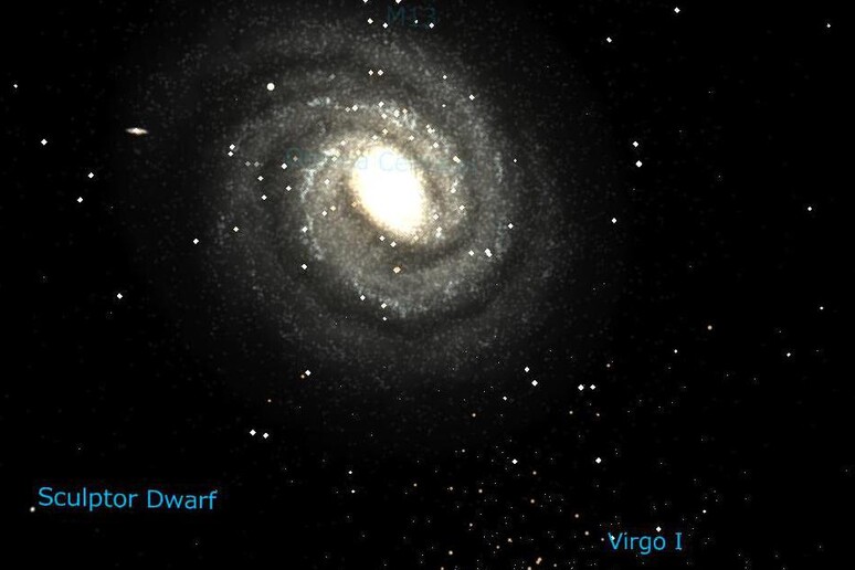 Rappresentazione artistica della galassia Virgo I e delle altre galassie satelliti della Via Lattea (fonte: Mitaka: 4D2U project, NAOJ) - RIPRODUZIONE RISERVATA