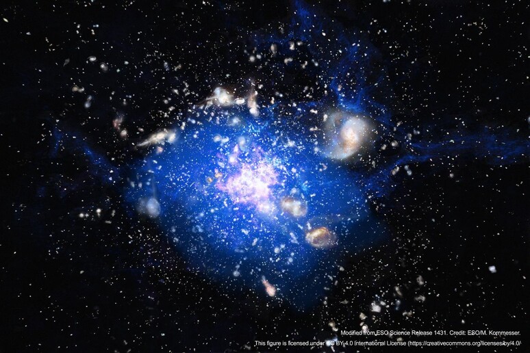 Rappresentazione artistica della vasta nube di gas freddo presente nell 'ammasso di galassie (fonte: ESO/M. Kornmesser) - RIPRODUZIONE RISERVATA