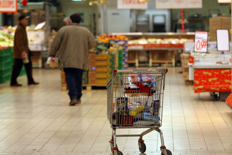 Il carrello della spesa in un supermercato in una foto d 'archivio - RIPRODUZIONE RISERVATA