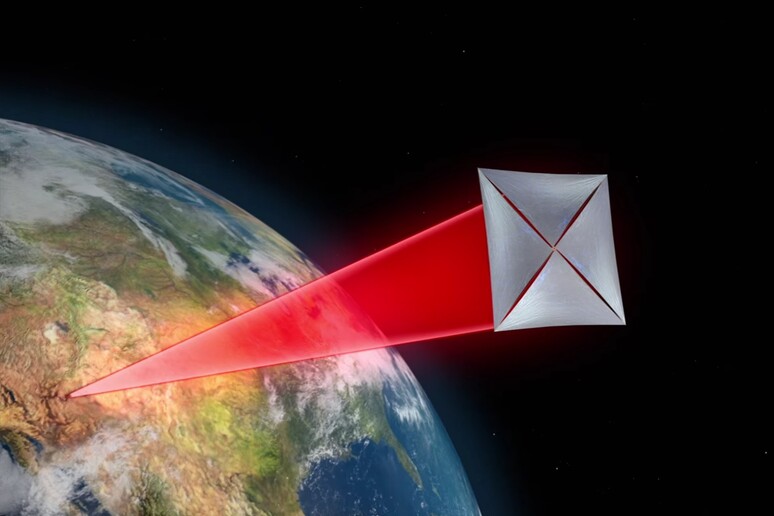 Rappresentazione grafica di una vela solare spinta da un raggio laser generato sulla Terra (fonte: Breakthrough Starshot) - RIPRODUZIONE RISERVATA