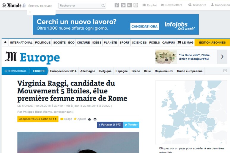 Roma, elezione Raggi subito su siti internazionali - RIPRODUZIONE RISERVATA