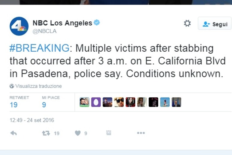Il tweet di Nbc Los Angeles - RIPRODUZIONE RISERVATA