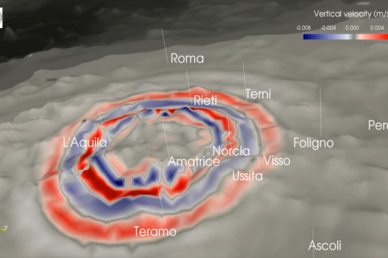 Il processo di espansione delle onde sismiche nel terremoto delle 11:14 del 18 gennaio nell 'Aquilano, in un 'immagine dall 'animazione realizzata dall 'Ingv (fonte: INGV) - RIPRODUZIONE RISERVATA