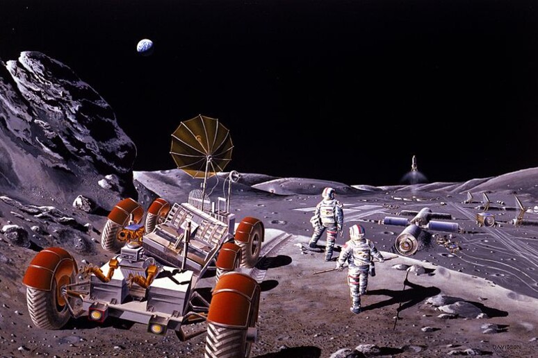 Ricostruzione artistica di una futura base lunare (fonte: NASA/Dennis M. Davidson) - RIPRODUZIONE RISERVATA