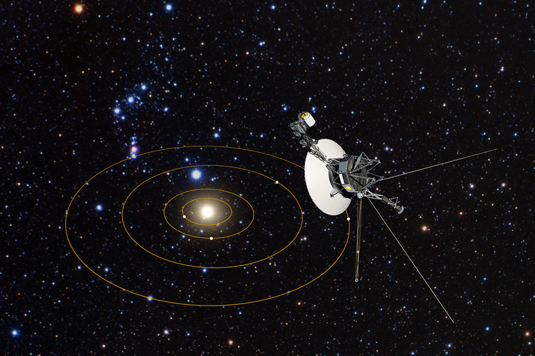 Rappresentazione artistica della sonda Voyager 1 e sullo sfondo il Sistema Solare (fonte: NASA, ESA, G. Bacon/STScI) - RIPRODUZIONE RISERVATA