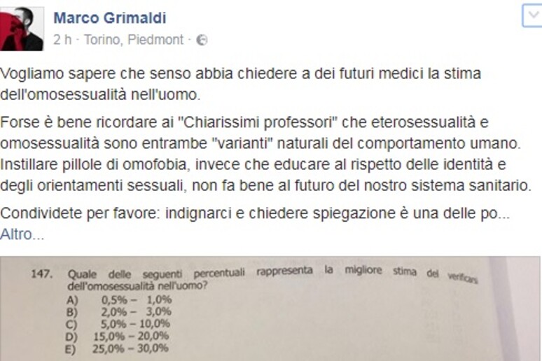 Il post di Marco Grimaldi su Facebook - RIPRODUZIONE RISERVATA