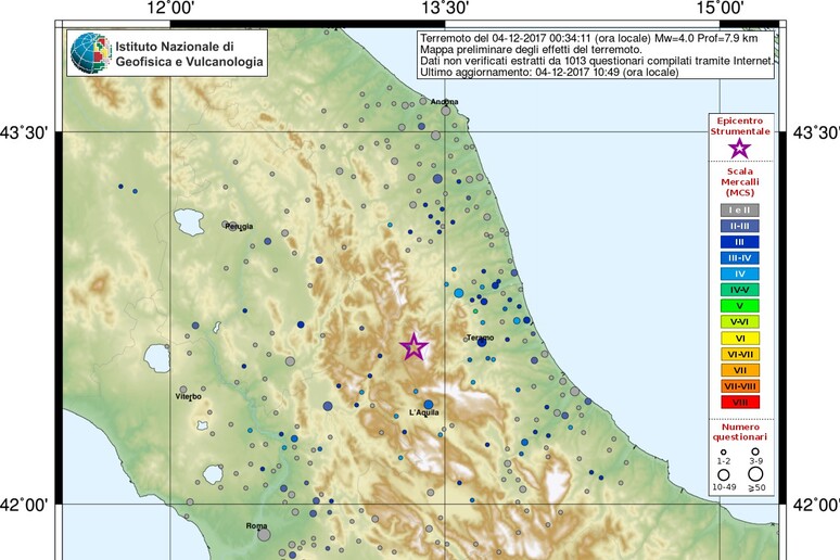 Prima mappa del risentimento del terremoti di Amatrice del 4 dicembre 2017 (fonte: Haisentitoilterremoto?, INGV) - RIPRODUZIONE RISERVATA