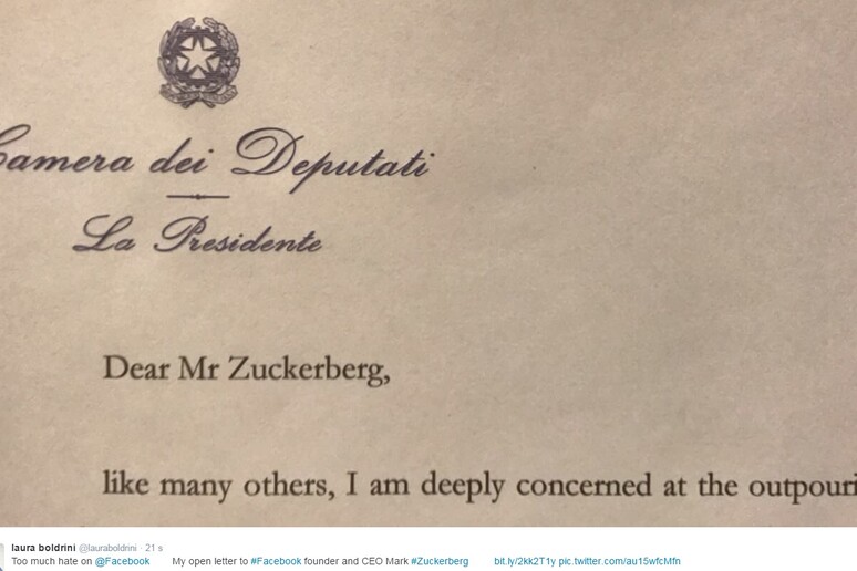 La lettera a Zuckerberg postata dalla presidente della Camera Laura Boldrini sul suo profilo twitter - RIPRODUZIONE RISERVATA