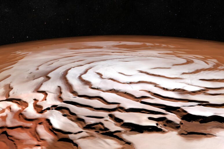 Le spirali disegnate dal ghiaccio nel Polo Nord di Marte (fonte: ESA/DLR/FU Berlin; NASA MGS MOLA Science Team) - RIPRODUZIONE RISERVATA