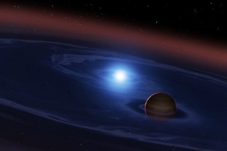 Un disco di detriti rocciosi planetesimali attorno a due stelle, una nana bianca e una nana bruna (fonte: University College London) - RIPRODUZIONE RISERVATA