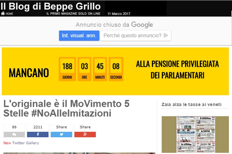 ++ Grillo,Renzi ci copia,soldi con gli ideali degli altri ++ - RIPRODUZIONE RISERVATA