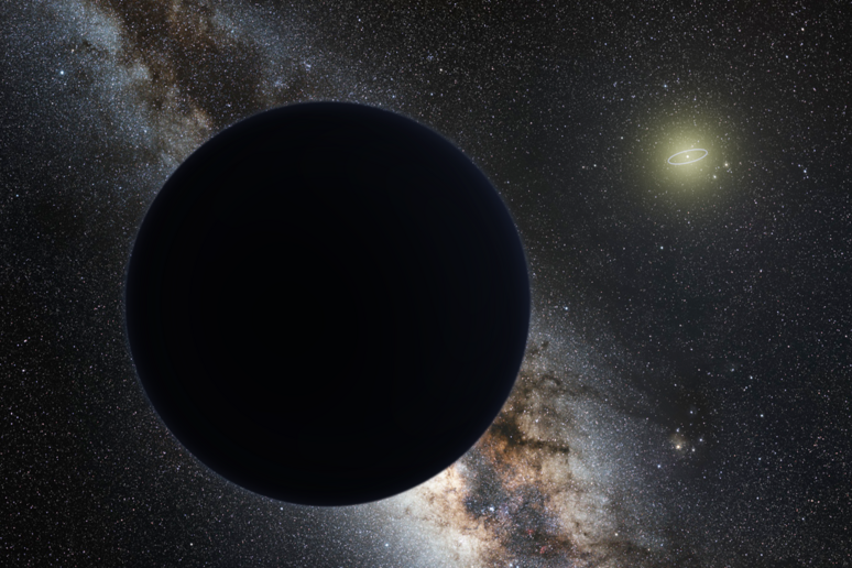 Rappresentazione artistica dell 'ipotetico pianeta 9 (fonte: Tomruen; foto della Via Lattea sullo sfondo è dell 'ESO) - RIPRODUZIONE RISERVATA